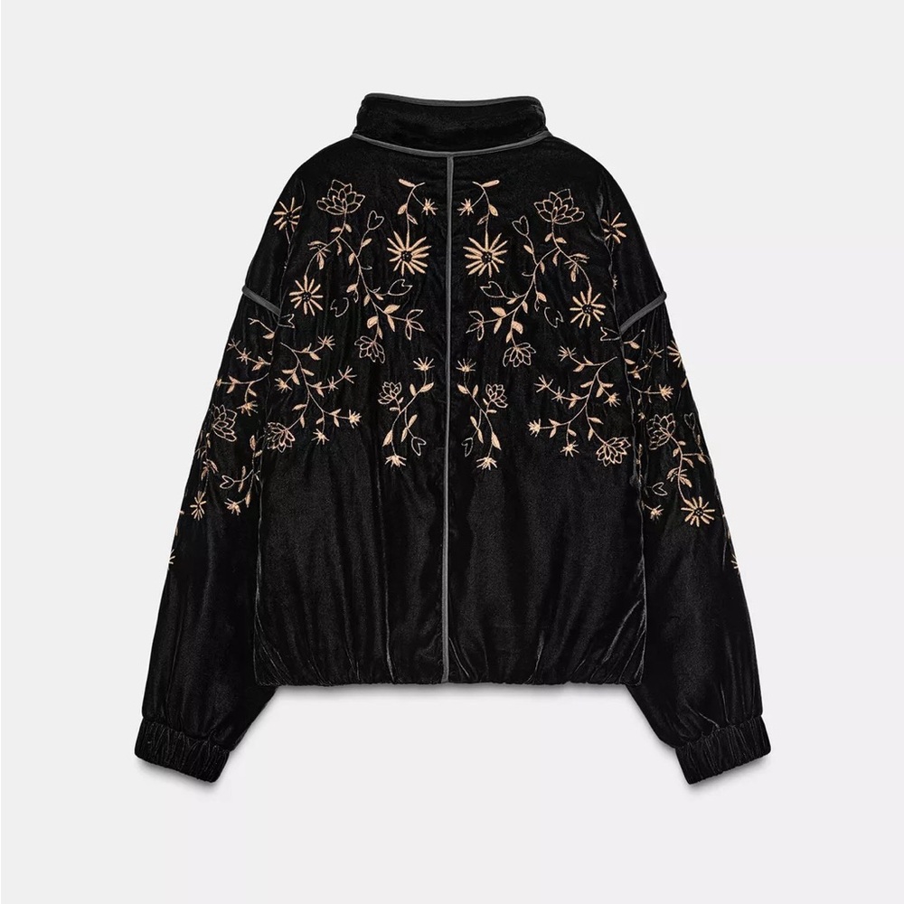 Zara embroidered velvet padded Jacket in black S/M